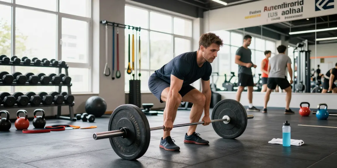 Fitnessszene bei Steroidshop, die einen Athleten zeigt, der im lebhaften Fitnessstudio Kreuzheben ausführt.