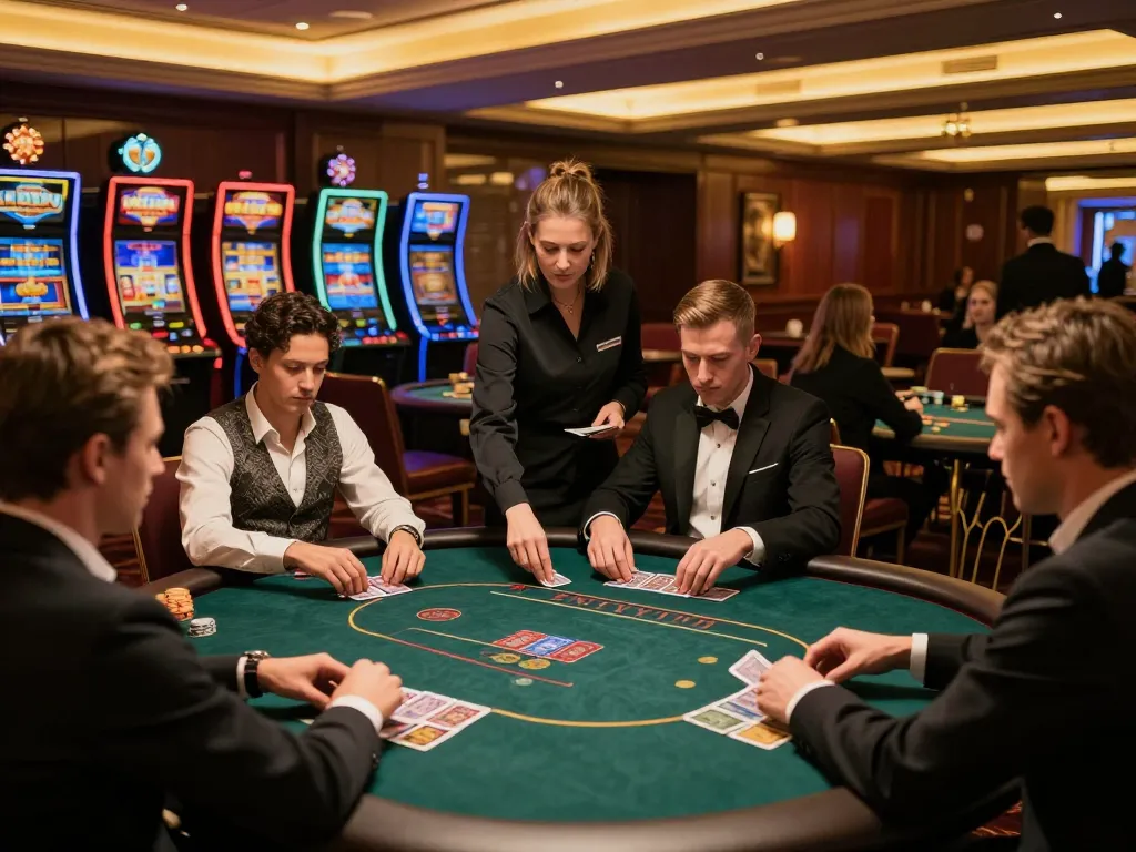 Các người chơi LUCK8 đang lên chiến lược tại một bàn poker độc quyền trong khu vực VIP sang trọng của một casino.
