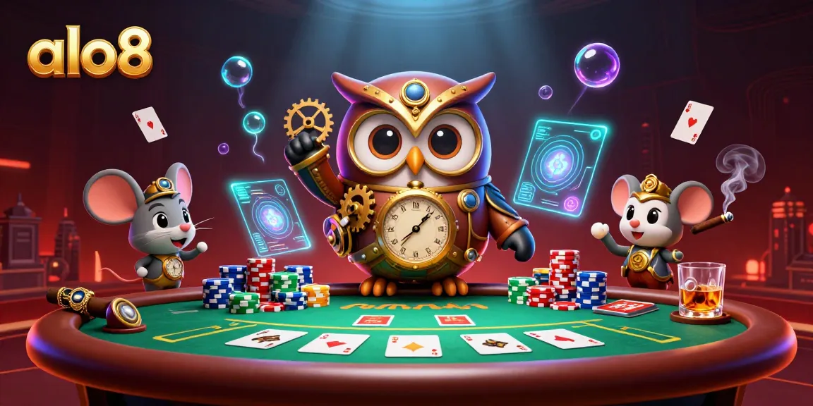 Experience thrilling gaming at ALO8 with a dynamic cartoon illustration of an owl and mouse in a steampunk casino.