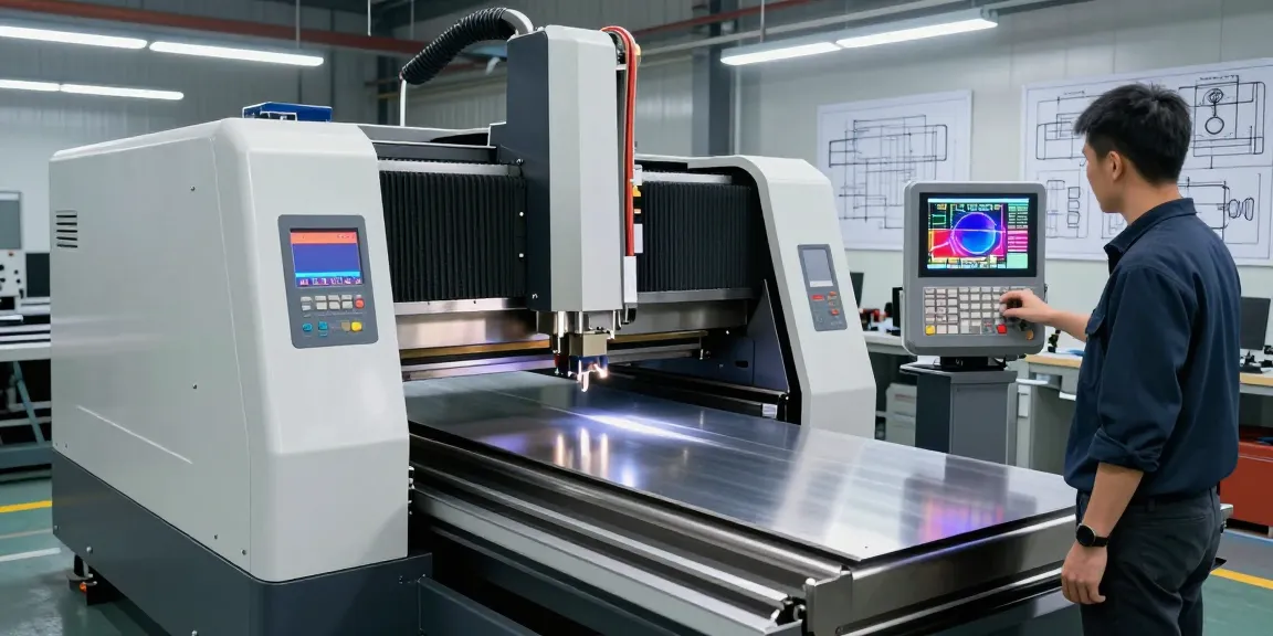 CNC press brake machine operating with advanced digital controls in a modern industrial setting, showcasing precision engineering and technology.