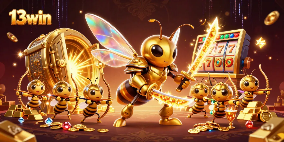 Engage with 13win's vibrant casino atmosphere featuring dynamic characters and sparkling treasures.