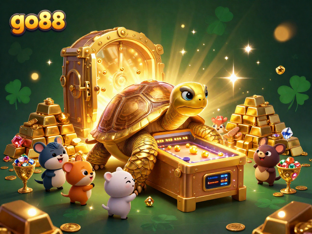 Experience thrilling gameplay with go88’s colossal golden tortoise pinball machine surrounded by massive golden treasure and captivating characters.