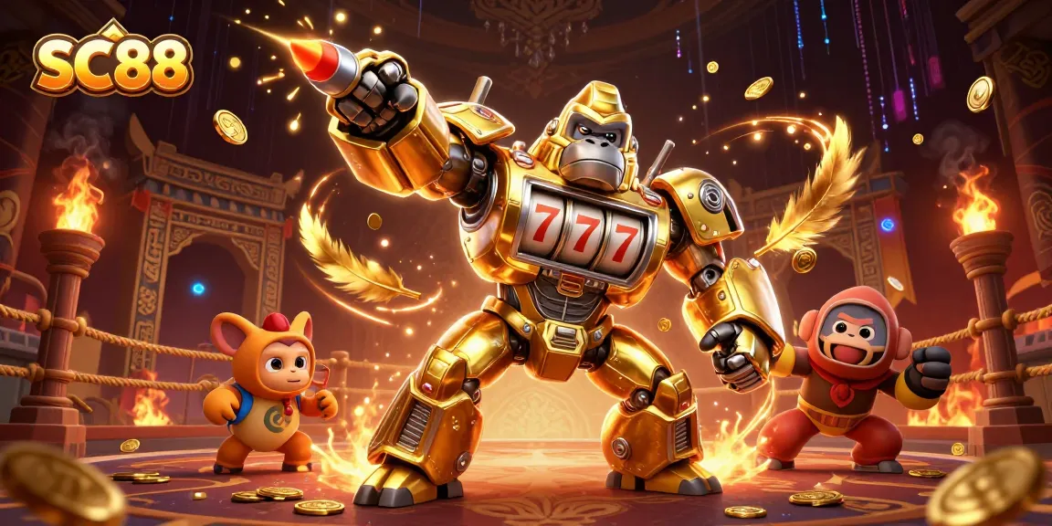 Experience thrilling SC88 gaming with an intense golden gorilla mech battling amidst a vibrant casino scene.
