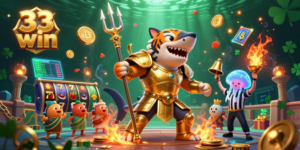 Experience the excitement of the 33 win online casino with a dynamic underwater scene featuring a gladiator shark and vibrant game elements.