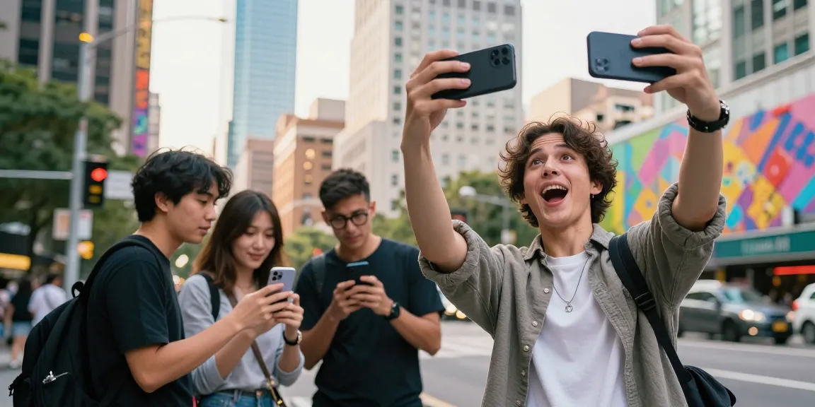 Person enjoying a selfie while discovering their celebrity look alike in an urban setting.