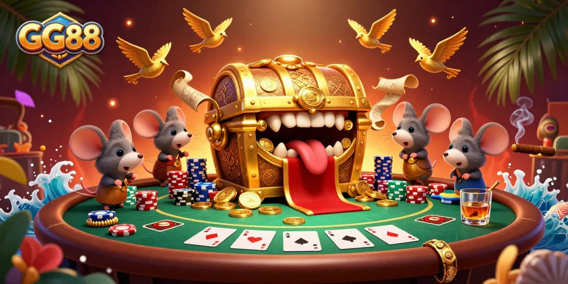 Engage in exciting poker action with GG88 as adventurous mice explore treasures in a vibrant casino scene.