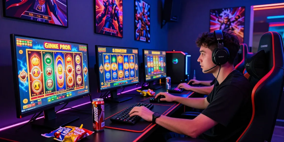 Player engaged in slot gacor gameplay at a modern desk with dynamic visuals and immersive atmosphere.