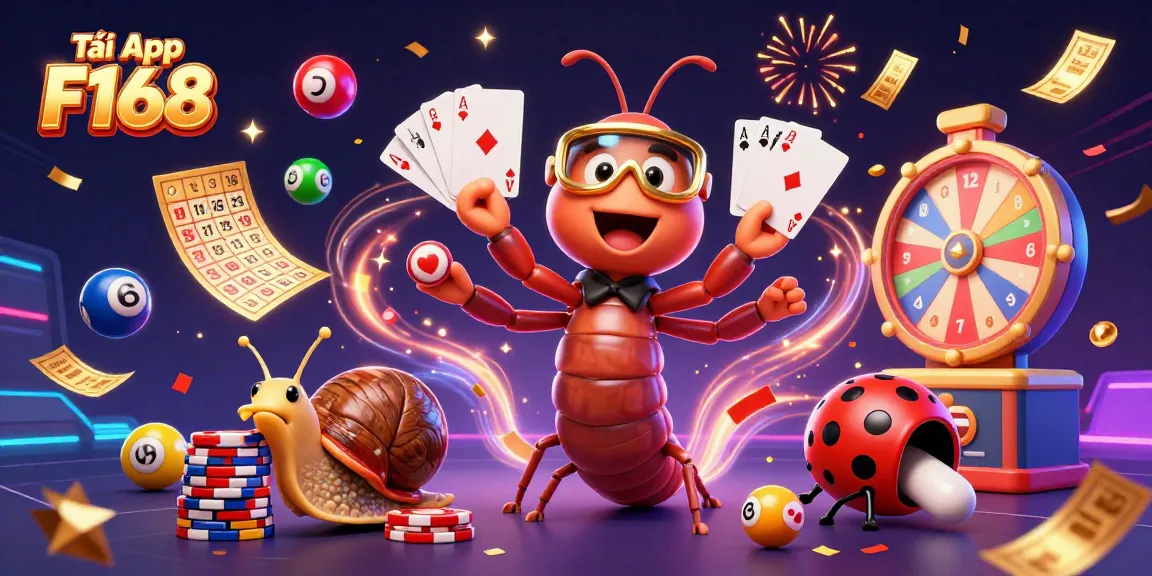 Tải App F168 with a lively 3D cartoon casino scene featuring a millipede dealer and vibrant game elements.