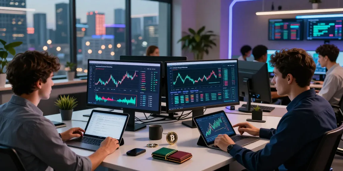LibertySwap users collaborating in a modern finance workspace showcasing cross-chain trading activities and innovative digital asset management.