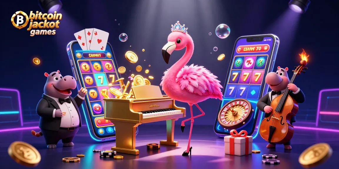 Experience the excitement of bitcoin jackpot games with a vibrant casino scene featuring colorful slot games and lively characters.