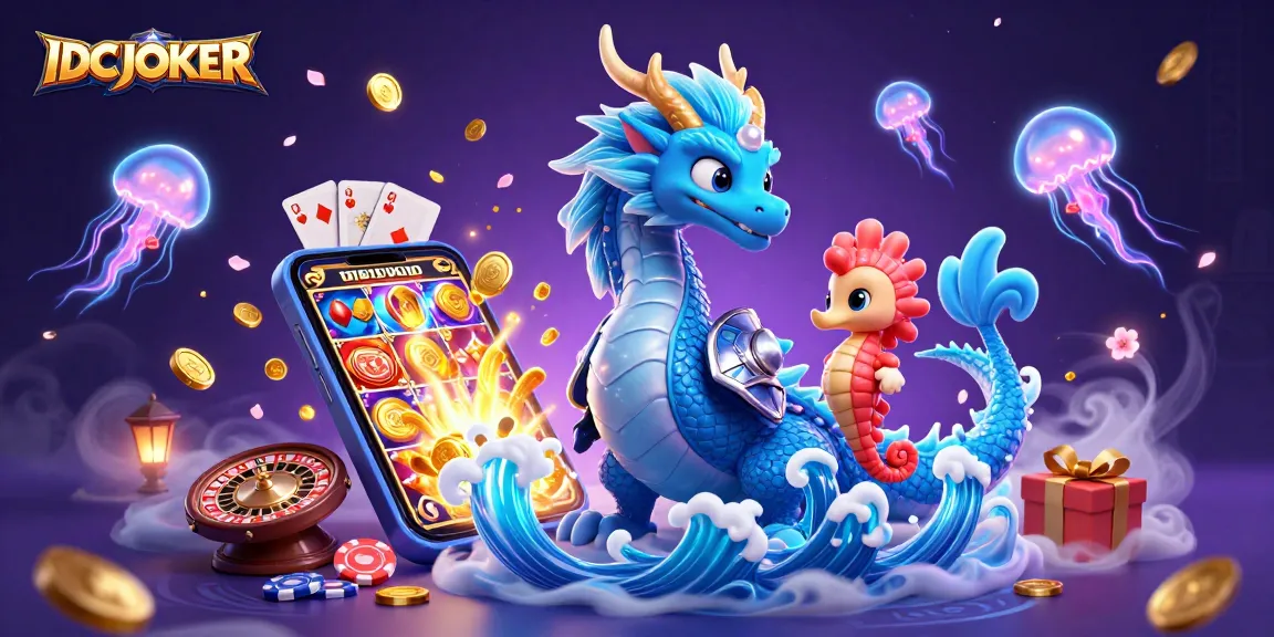 IDCJOKER features a vibrant scene with a water dragon, seahorse knight, and jellyfish celebrating online slots.