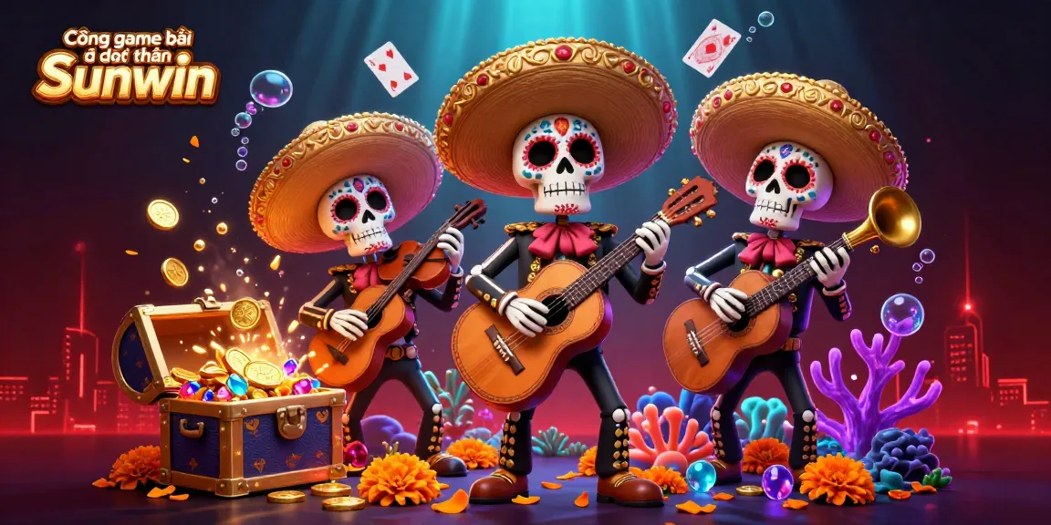 Cổng game bài đổi thưởng Sunwin elevates gaming with a lively mariachi band in an ultra-detailed 3D casino scene, surrounded by vibrant underwater treasures.