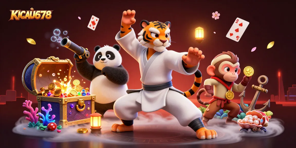 KICAU678 showcases an engaging 3D illustration featuring a kung fu tiger and friends amidst vibrant gaming elements.