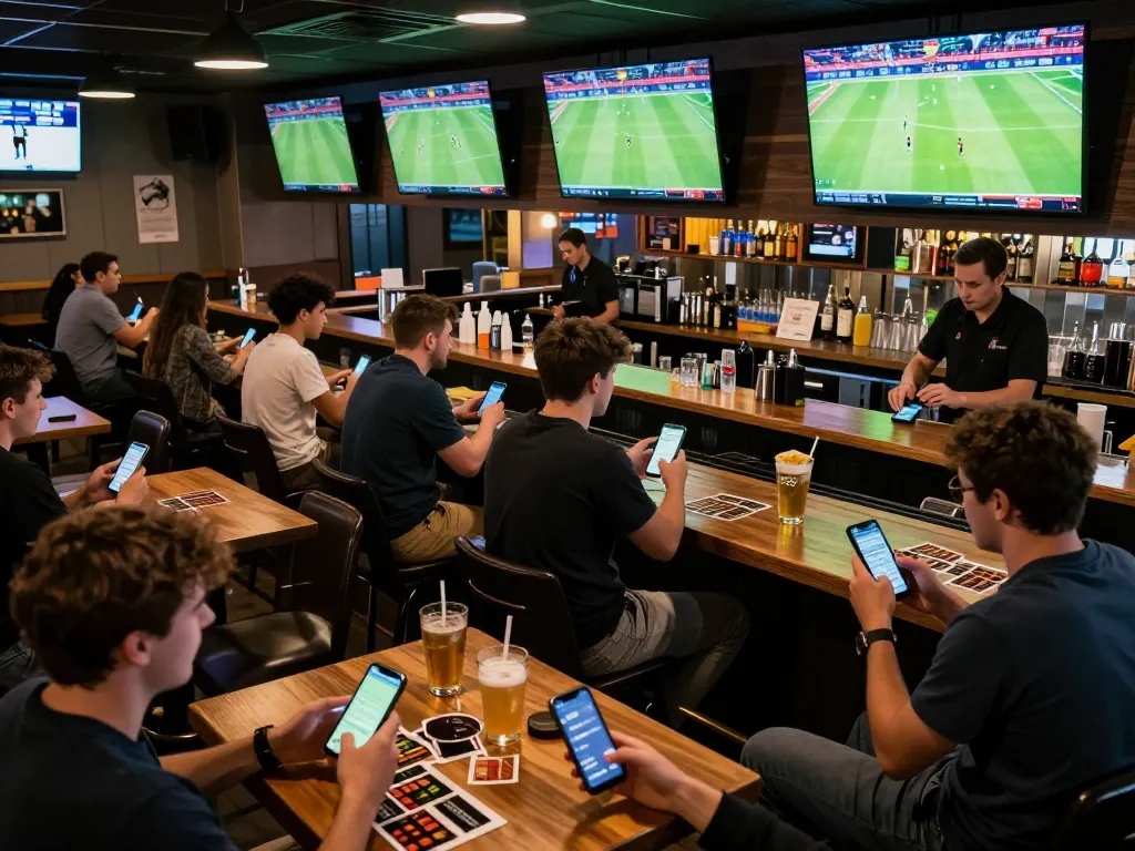 Engaged bettors utilizing kèo nhà cái apps while watching live football matches in a sports bar.