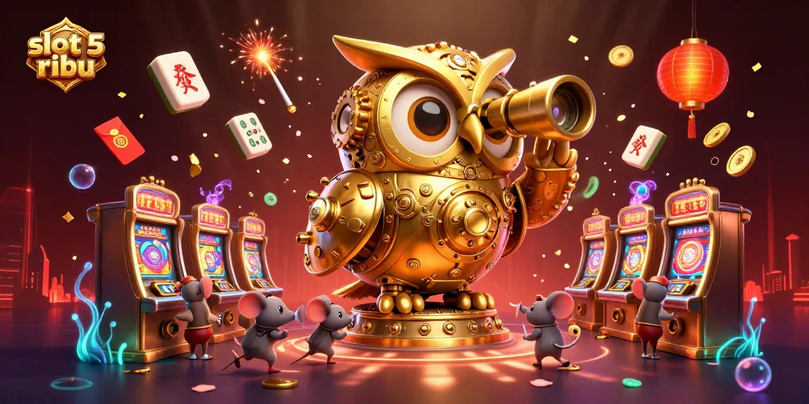 Spin to win with slot 5 ribu at a vibrant 3D casino scene filled with golden elements and lively characters.