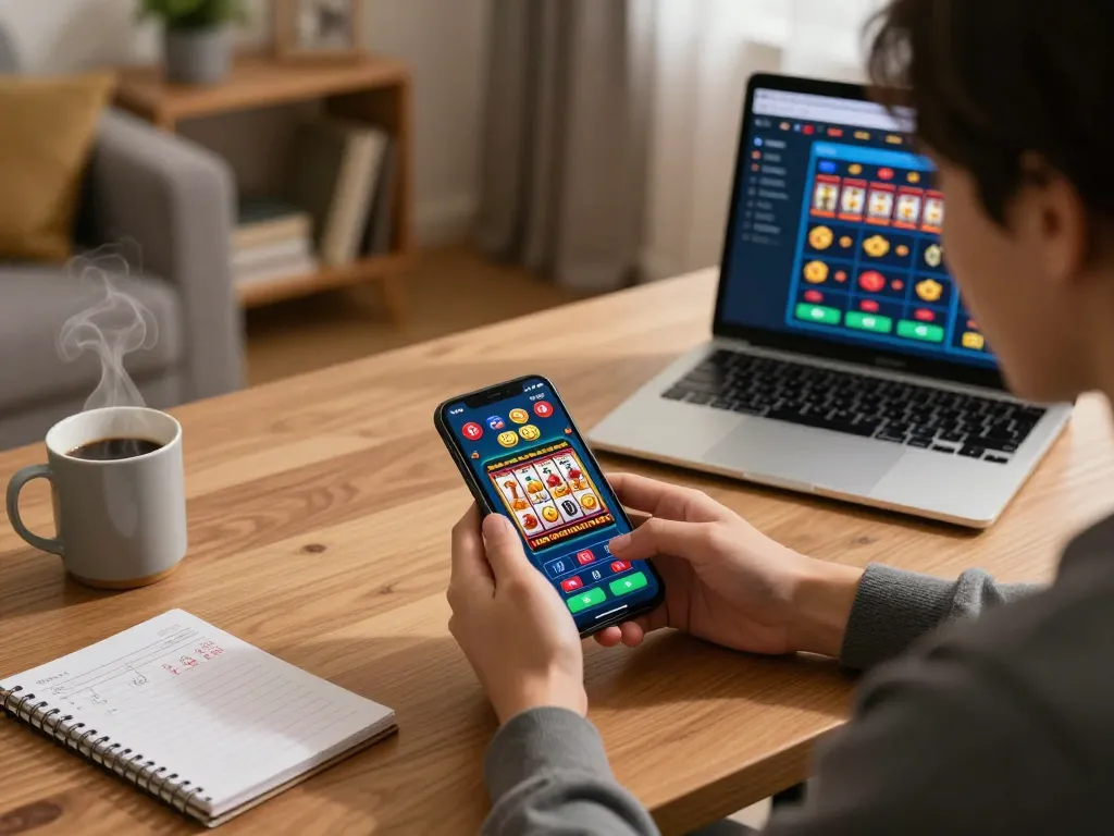 Engaging mobile betting on a situs slot app in a cozy home setting with colorful screen visuals.