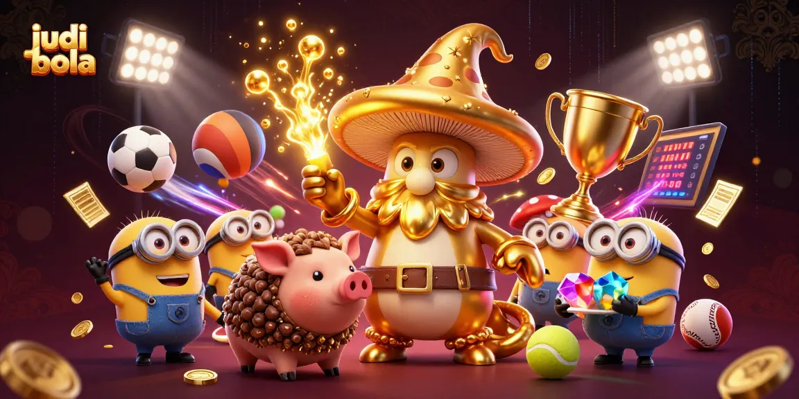 Engaging judi bola scene depicting a golden wizard and sports elements, showcasing dynamic betting excitement.