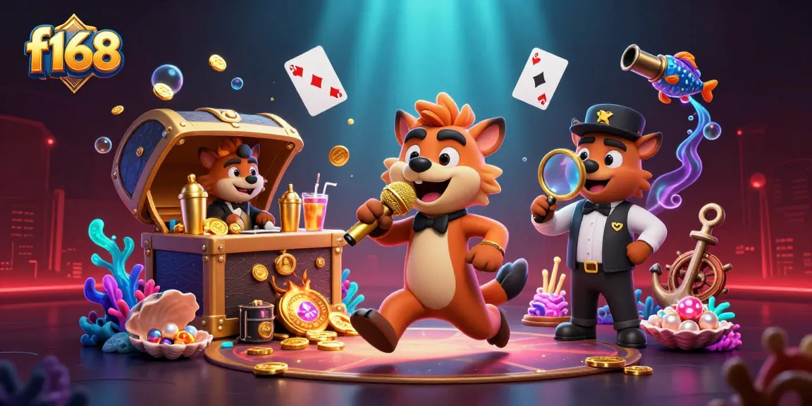 F168 showcases gamers enjoying a vibrant casino scene with hyenas in a comedy atmosphere.