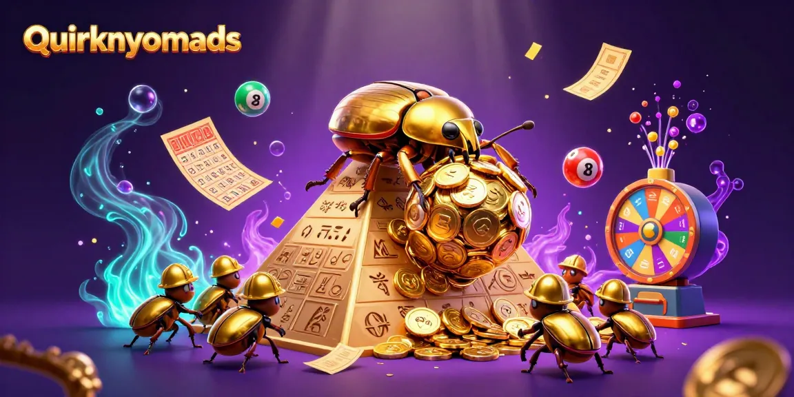 QuirkyNomads showcases a vibrant 3D lottery scene featuring golden beetles and colorful game elements, energizing players.