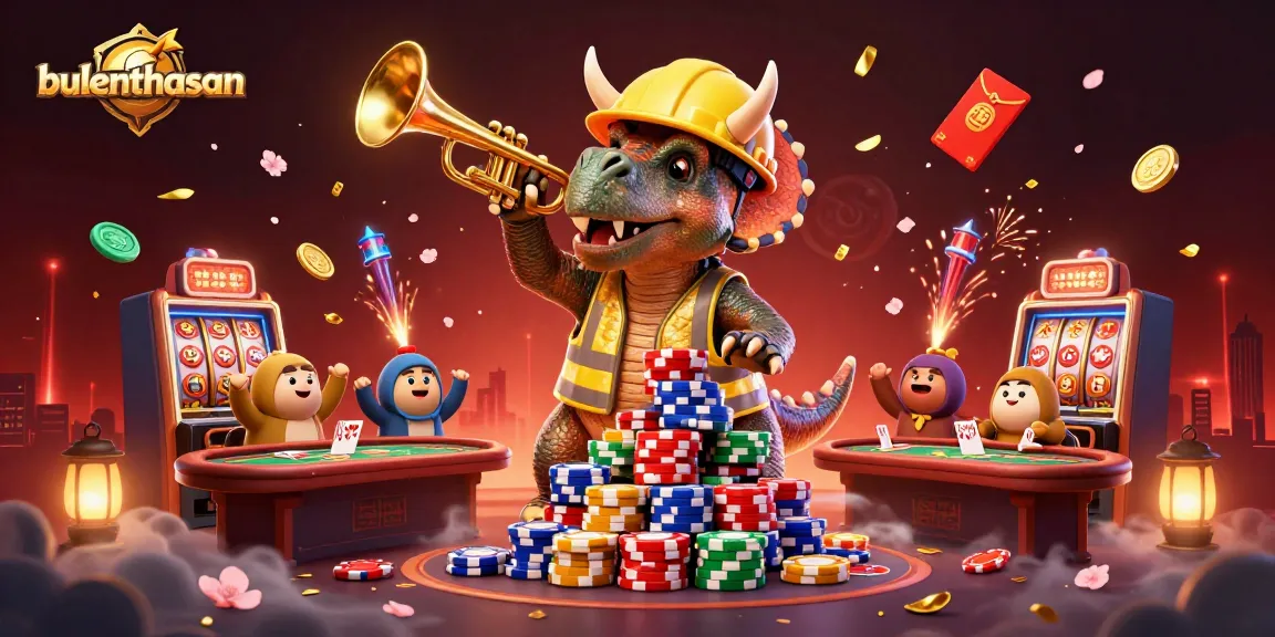 Bulenthasan showcases a vibrant 3D illustration of cartoon dinosaurs celebrating casino wins amidst poker tables and festive decor.