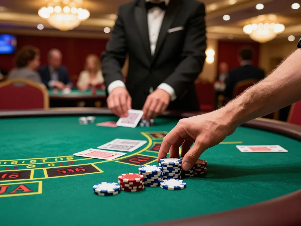Player betting at blackjack table in 98win's upscale casino, capturing strategic gaming moments.