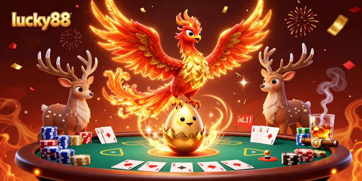 Experience the excitement of lucky88 with this vibrant 3D casino scene featuring poker and festive elements.