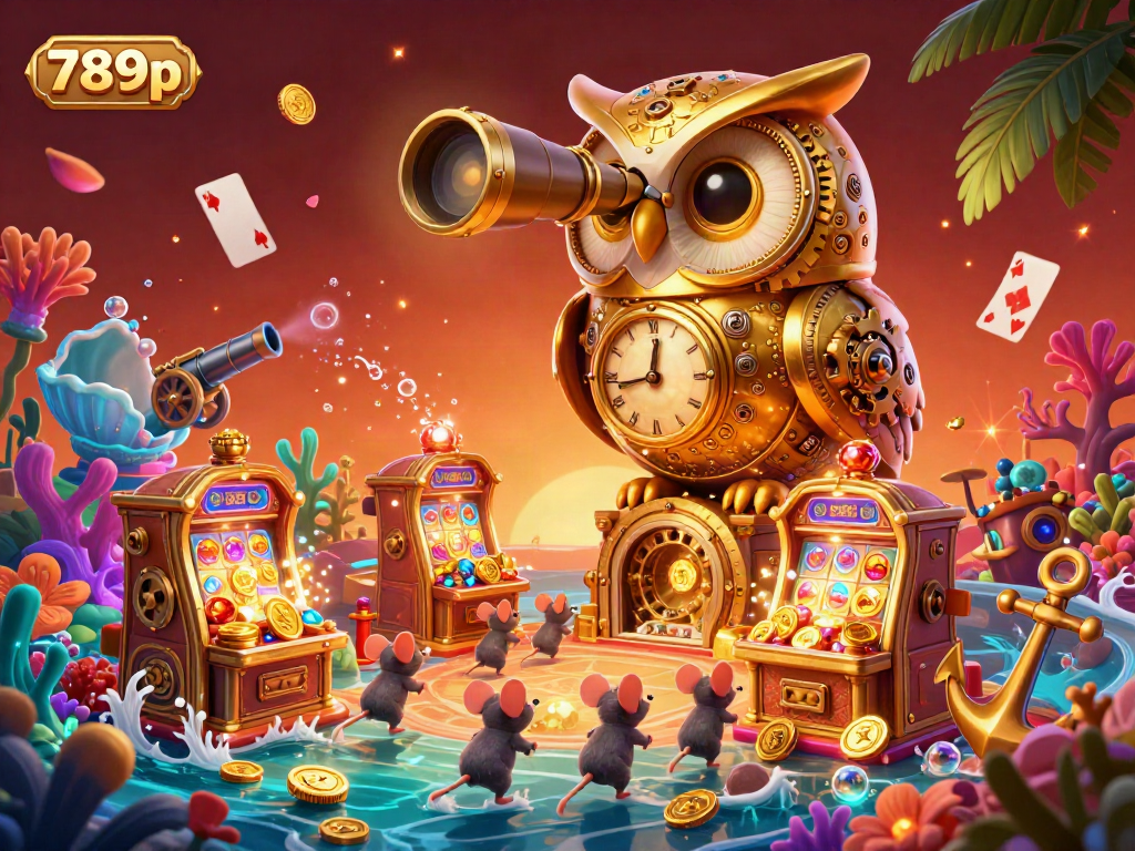 Experience the excitement of gambling at 789p's casino with golden treasure and whimsical characters.