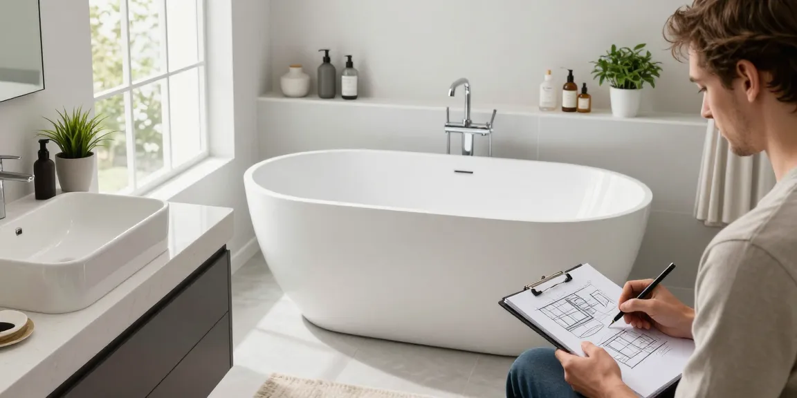 Stylish bathroom featuring KingKonree solid surface freestanding bathtub and countertop basin, showcasing modern design elements.