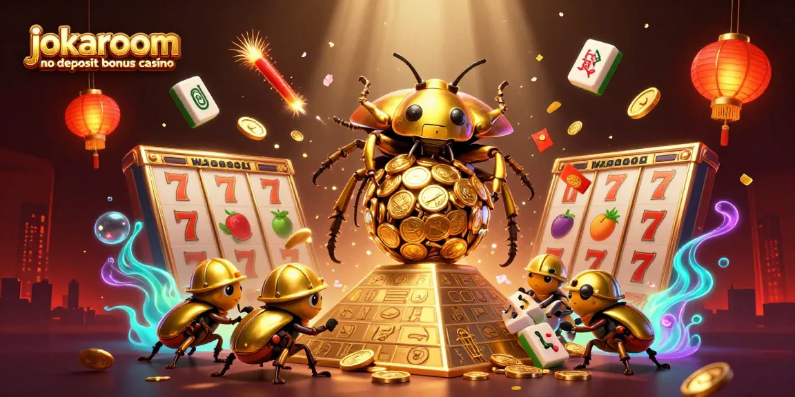 Spin and win at jokaroom no deposit bonus casino with vibrant 3D casino illustration filled with treasures.