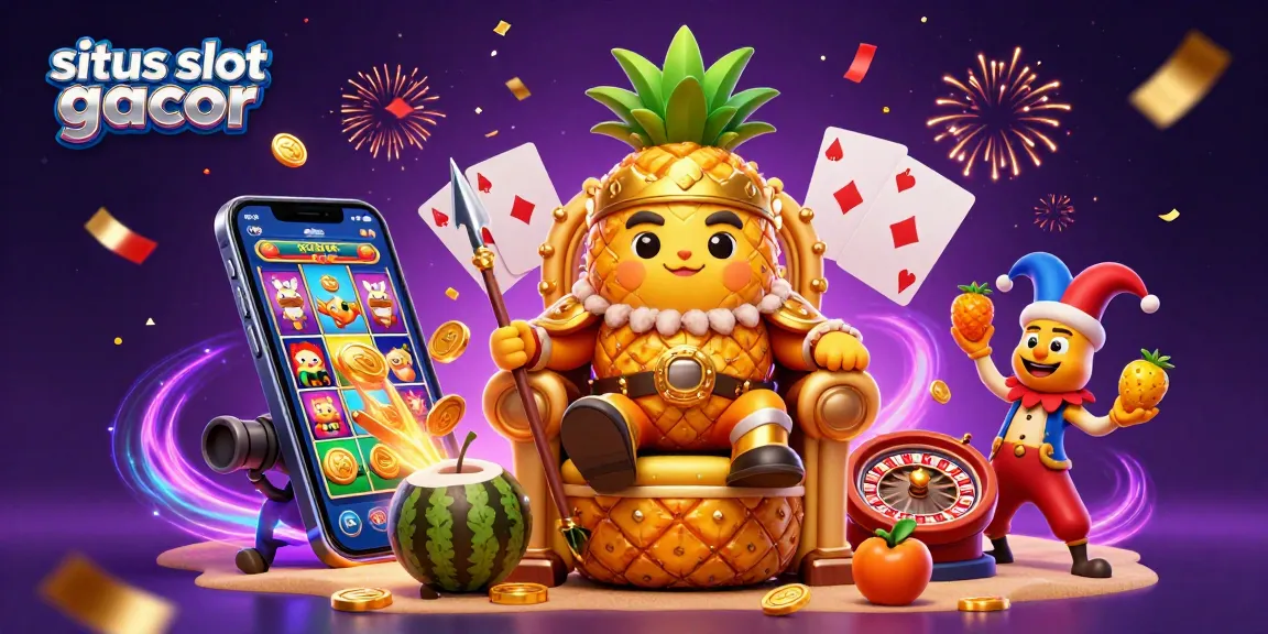 Experience winning excitement at situs slot gacor with vibrant casino elements, featuring a 3D pineapple king and festive gameplay.