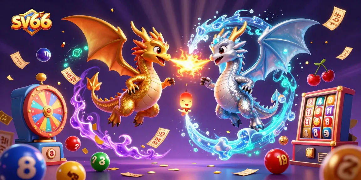 Engage with sv66, featuring twin dragon characters navigating vibrant lottery elements in a dynamic casino scene.