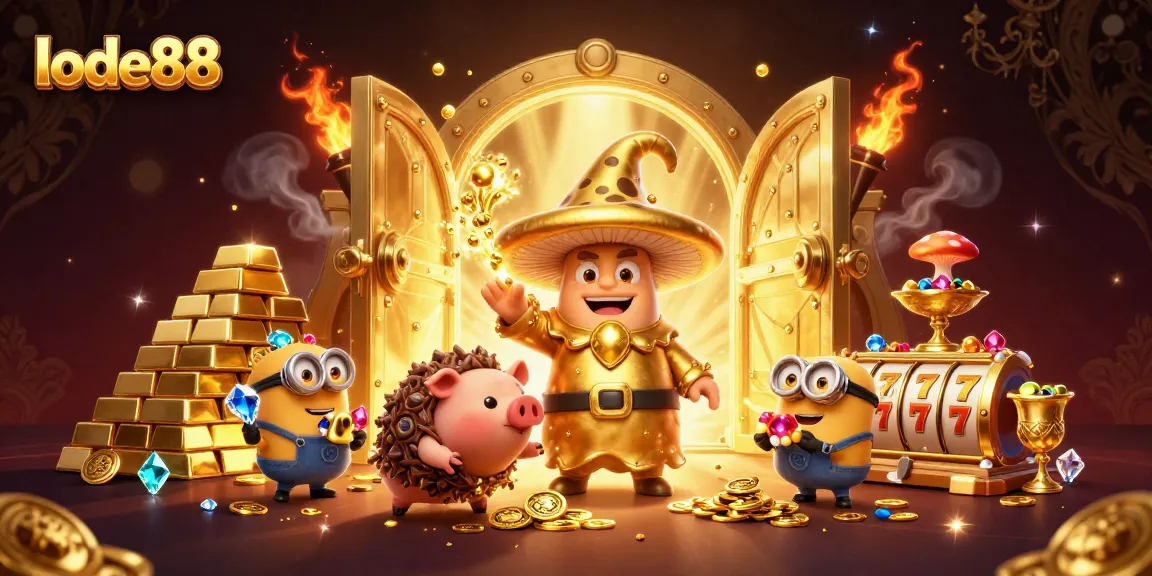 Experience the magic of lode88 with enchanted wizards, treasure displays, and slots in an immersive scene.