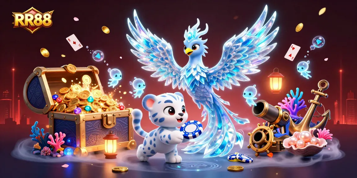 Win big with RR88! Engage in thrilling games with an ice phoenix, snow leopard, and vibrant treasures.