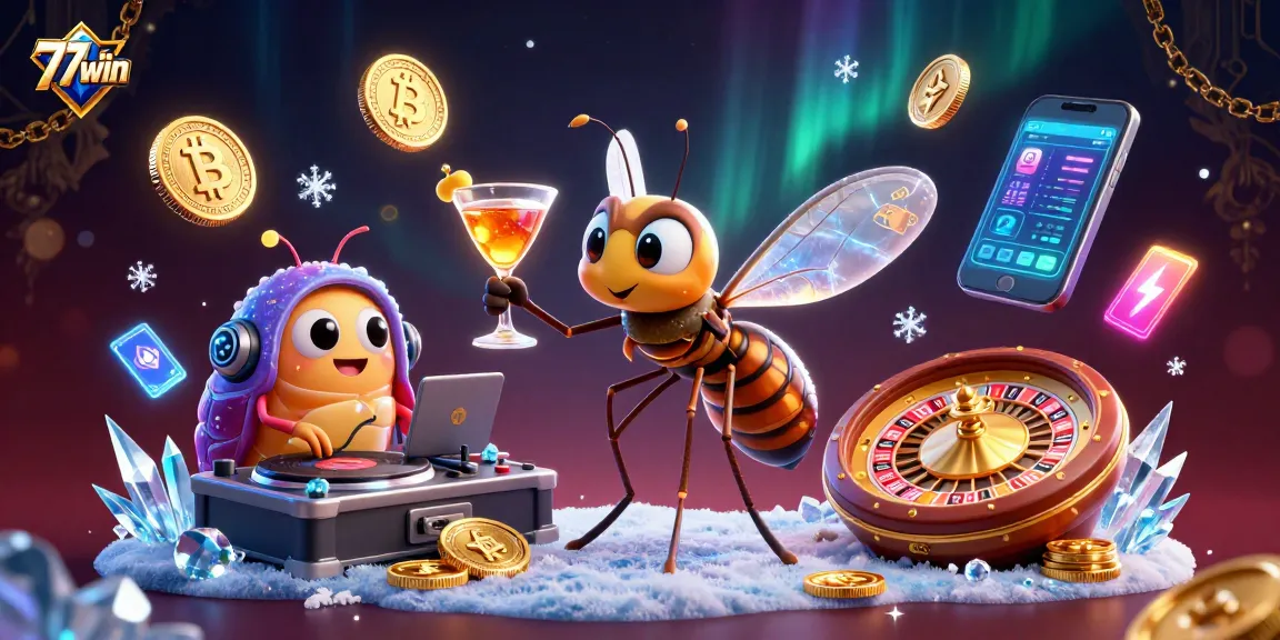 Engage in thrilling gameplay at 77win, highlighted by a vibrant casino mascot and dynamic crypto elements.