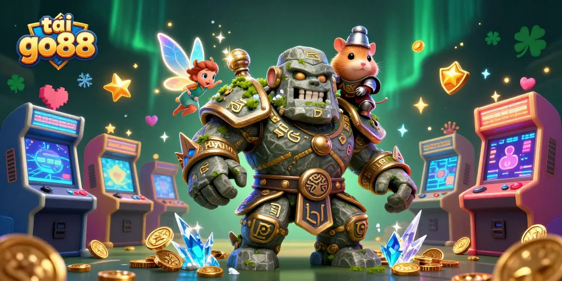 Spin the reels and win big with tải go88, featuring a magical scene of a guardian golem and companions.
