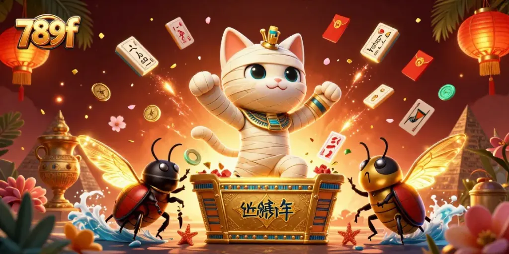 Engage in thrilling adventures with 789f's vibrant casino scene featuring a playful mummy cat and golden treasures.