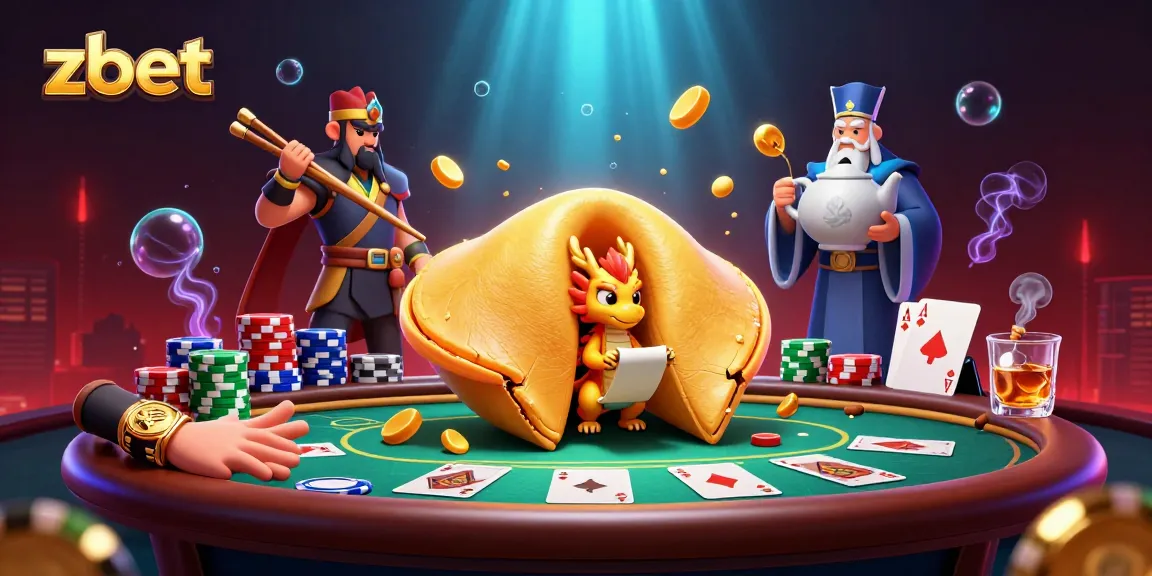Zbet offers a dynamic poker scene with a golden fortune cookie, wise dragon, and vibrant casino elements.
