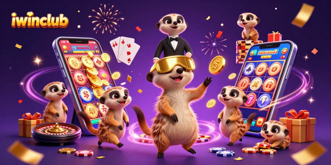 Engage with iwinclub's exciting casino operations featuring meerkats amidst colorful gaming elements.