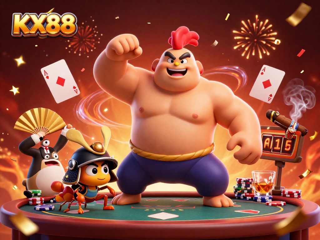 KX88 showcases vibrant cartoon characters competing in a thrilling gambling scene with colorful poker chips and dramatic effects.