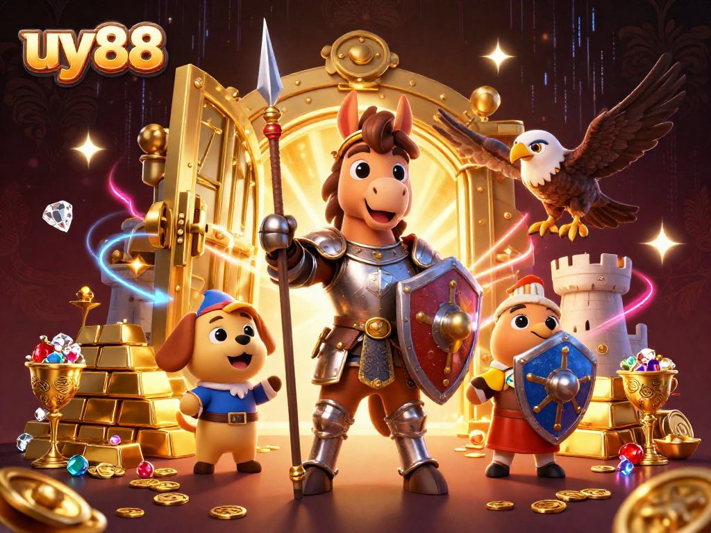 Spin thrilling jackpot with uy88, showcasing a knight and treasure in an exciting casino scene.