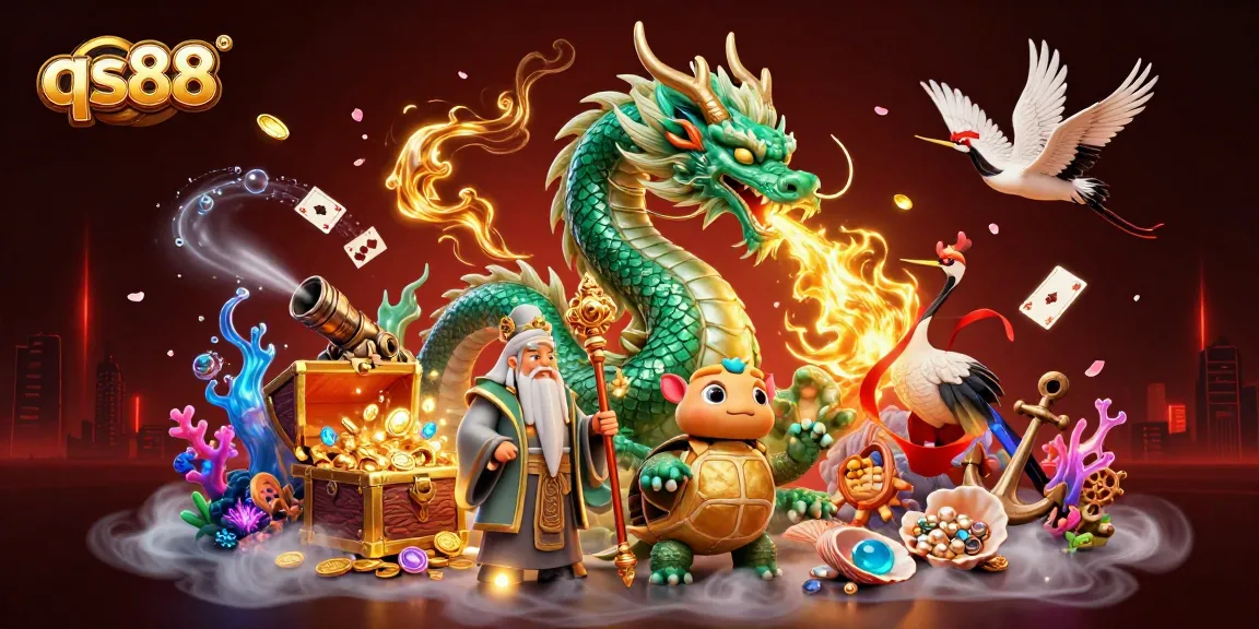 qs88 offers thrilling wins with a jade dragon, lucky cranes, and golden treasures in a casino-themed scene.