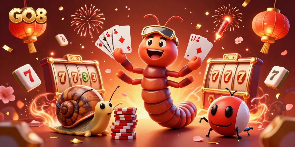 Engage with a vibrant GO8 casino-themed scene featuring a millipede dealer and high-roller characters.