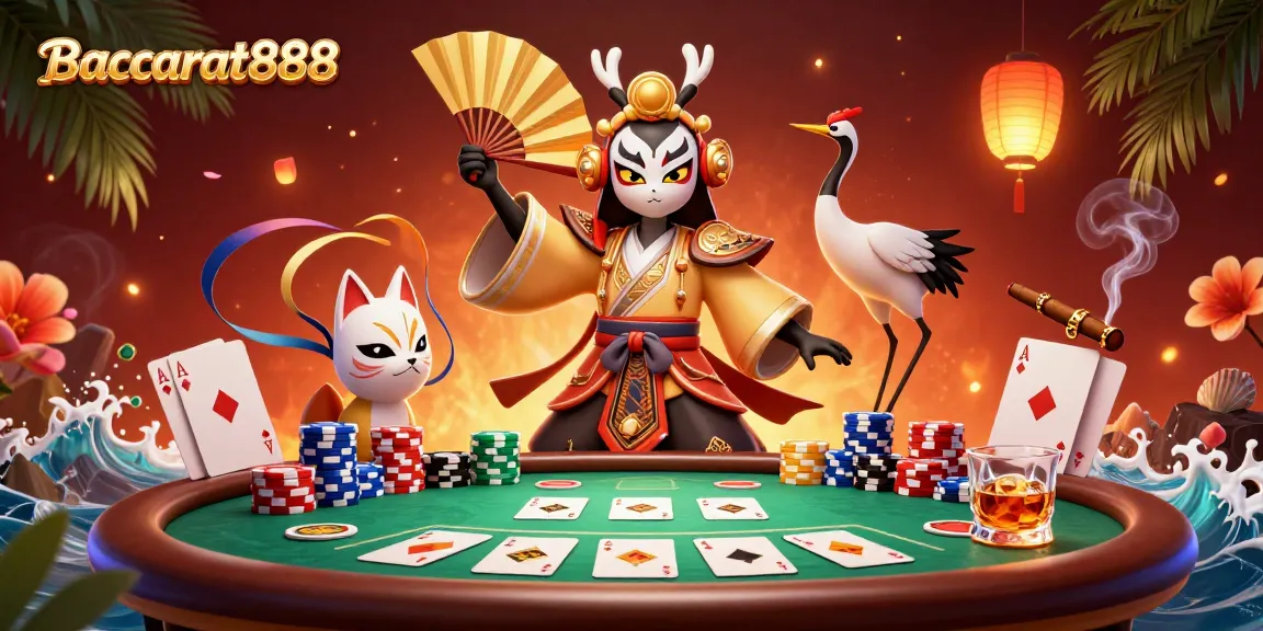 Baccarat888 showcases a vibrant gaming scene filled with poker elements, featuring dynamic characters and rich casino decor.