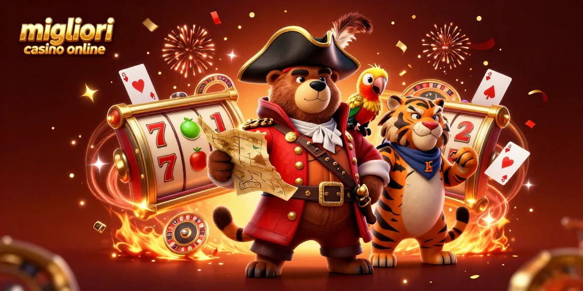 Scopri i migliori casino online con il capitano orso pirata e il suo equipaggio in un'illustrazione vivace e colorata.