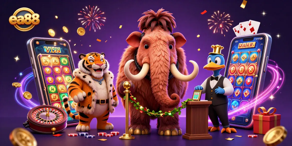 ea88 casino features a woolly mammoth bouncer checking IDs at an energetic gaming entrance.