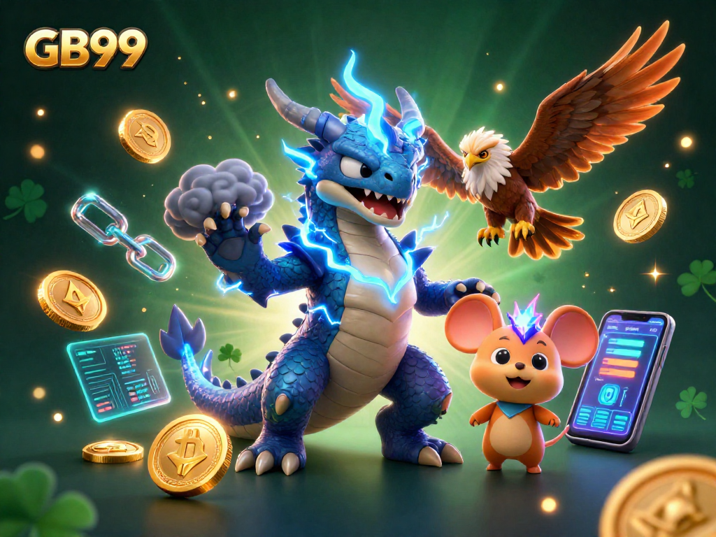 Engage in thrilling gaming adventures with GB99, experiencing vibrant 3D visuals of crypto-inspired casino elements.