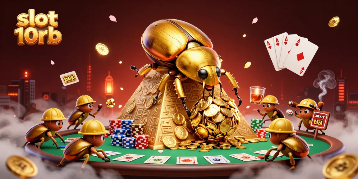 Experience slot 10rb excitement with a dynamic scene of golden beetles and chip towers.