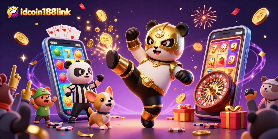 Experience the excitement of idcoin188link with a 3D wrestling panda in a dynamic casino scene.