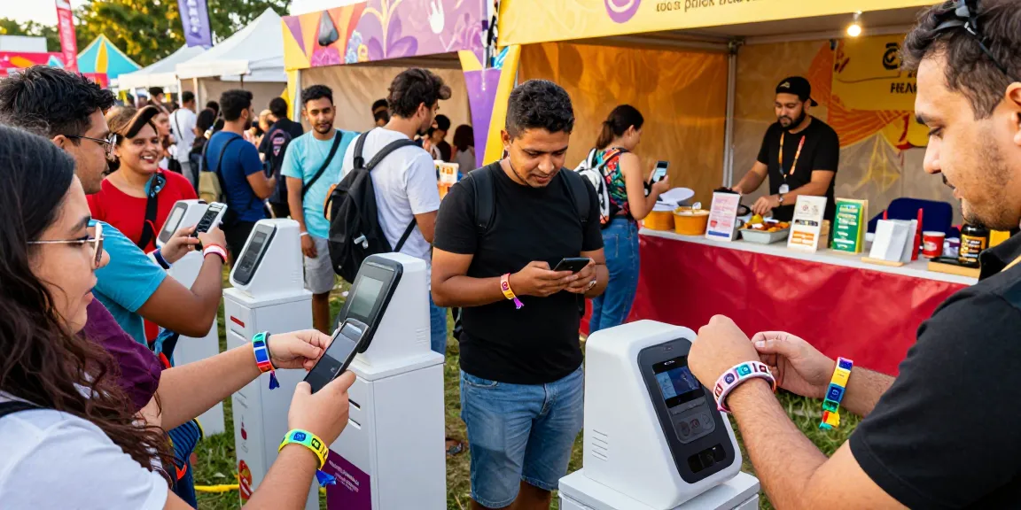 Innovative access control with digital wristbands at a vibrant festival, enhancing guest experience and cashless payments.