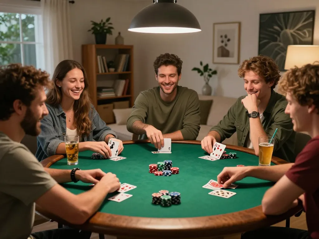 Friends playing poker in a cozy home, capturing exciting 789win moments with chips and cards.